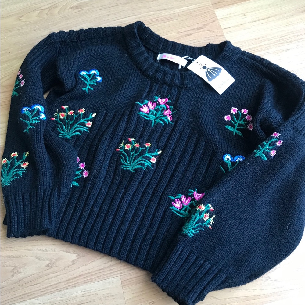 Black Floral Embroidered Balloon Sleeve Sweater